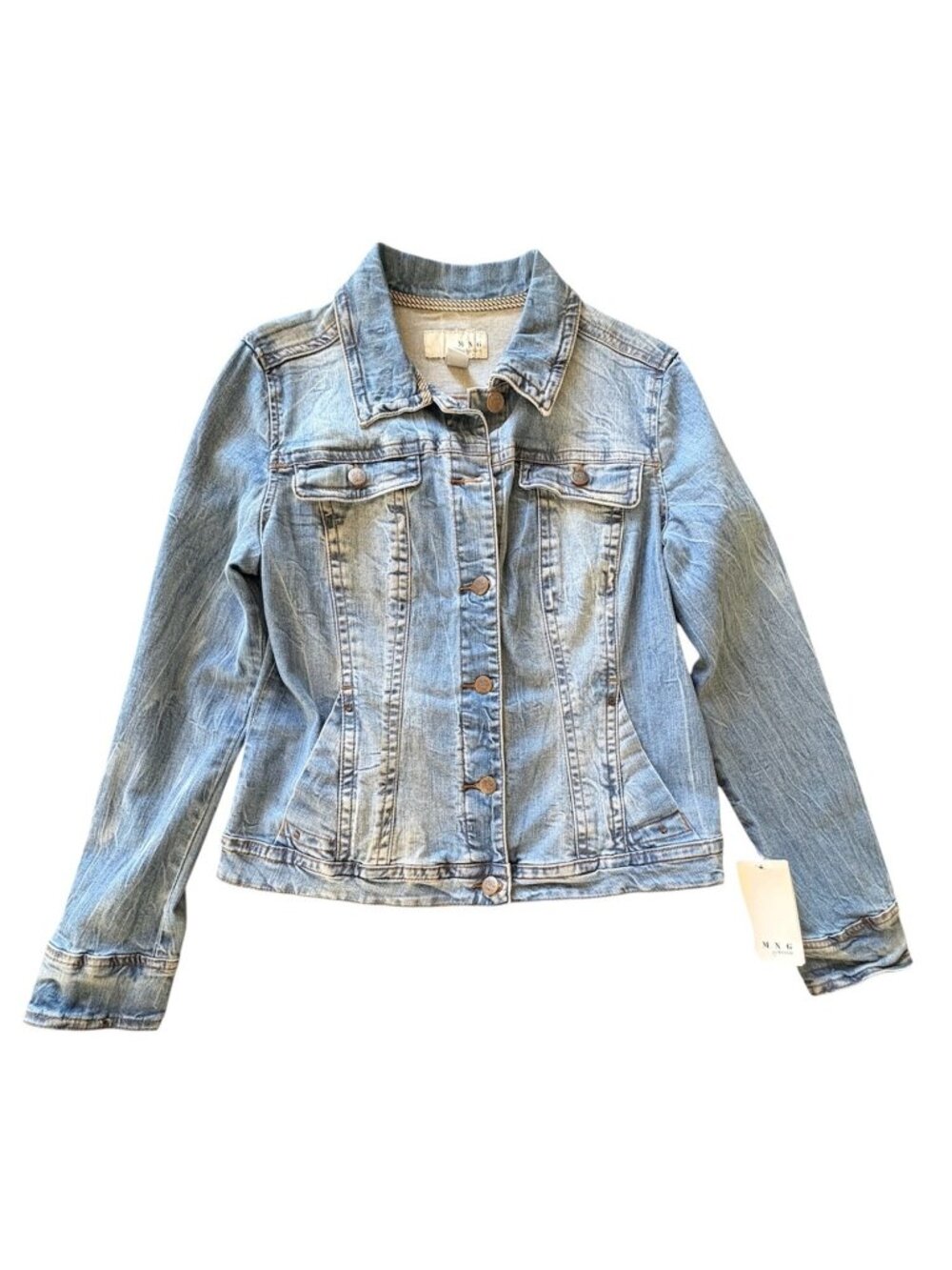 Jean Jacket MNG By Mango Faded Blue Wash Whiskering Lived In Feel NEW WITH TAGS